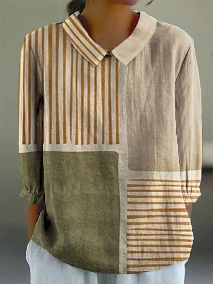 Patchwork stripe blouse with pointed collar, button front, long sleeves, taupe and olive panels