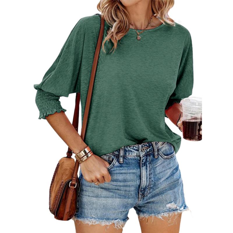 Green lightweight short-sleeve blouse with gathered cuffs and relaxed fit
