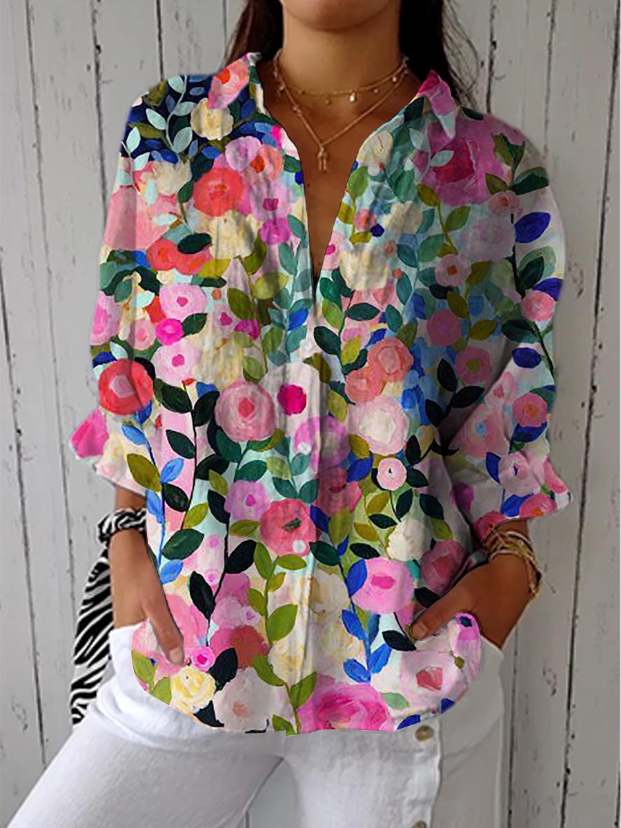 Multicolor floral canvas blouse with V-neck, full sleeves, relaxed fit