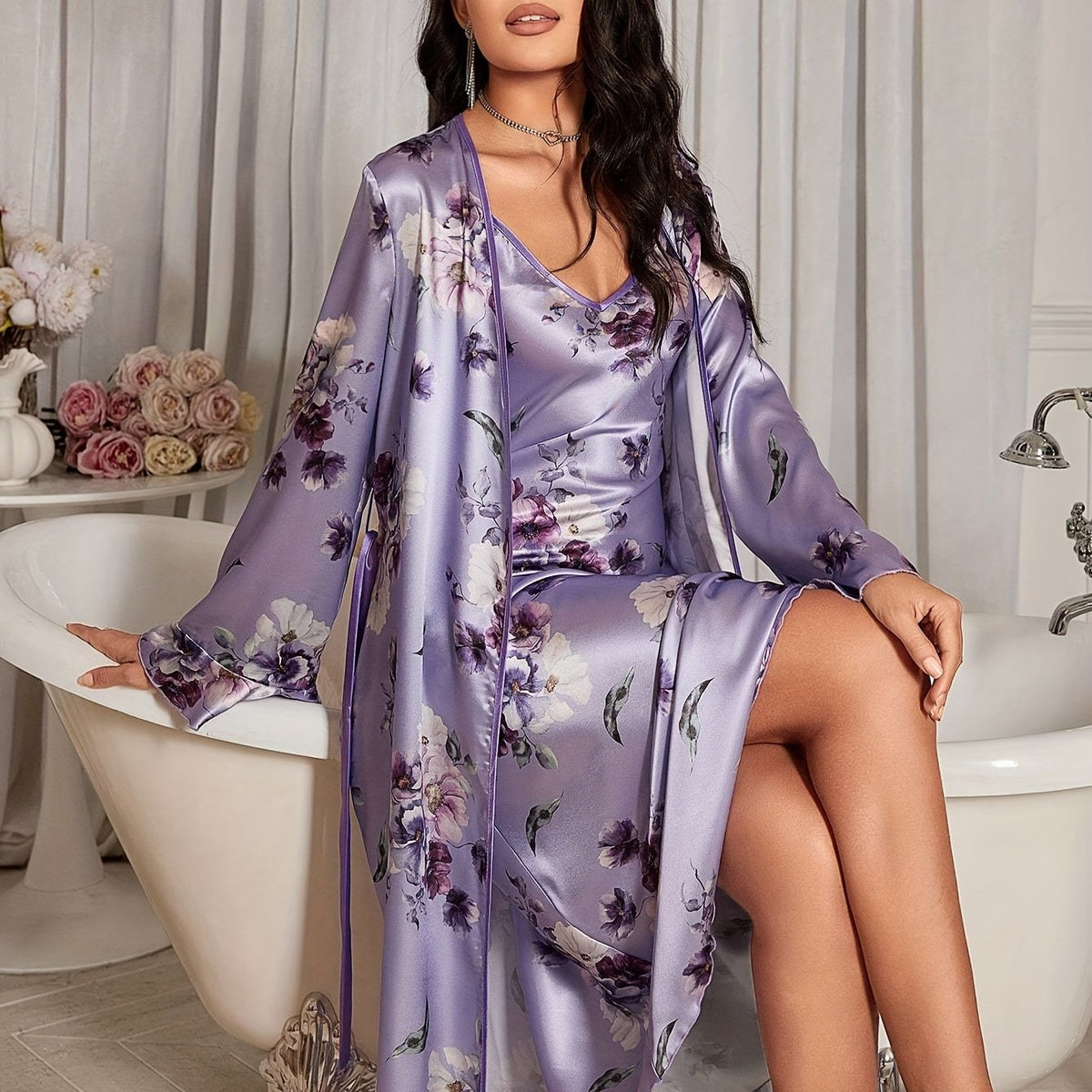 Women’s lilac satin floral nightwear set: long robe and V-neck slip dress