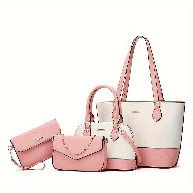 Mother and daughter bag set in pink, includes large tote, mini shoulder, crossbody, and clutch bags