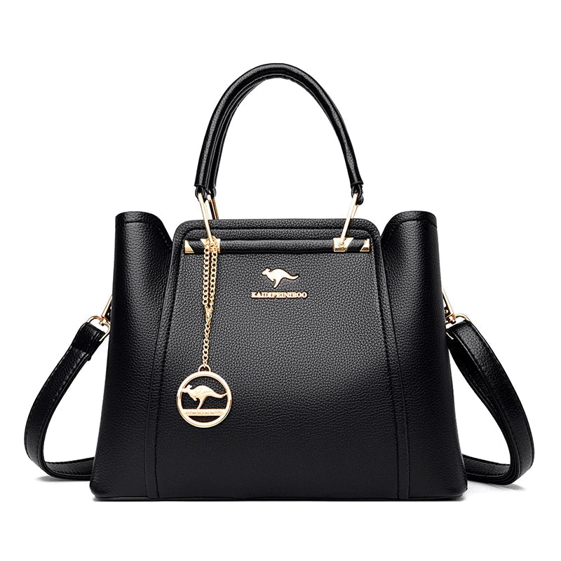 Vaeni women’s structured handbag, black pebbled leather with top handles, crossbody strap