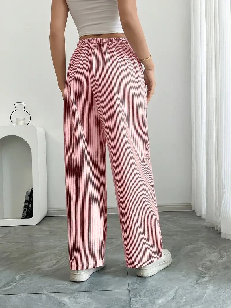 Pink striped wide-leg pants with elastic waist and side pockets