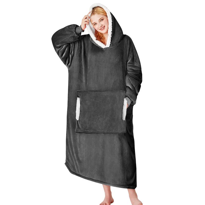 Gray wearable blanket hoodie with sherpa-lined hood and front pocket pouch