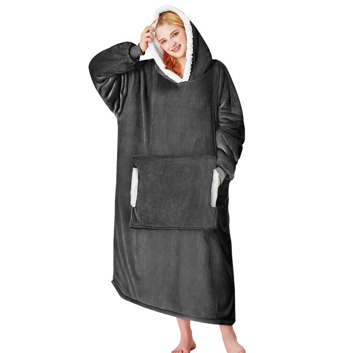 Gray wearable blanket hoodie with sherpa-lined hood and front pocket pouch