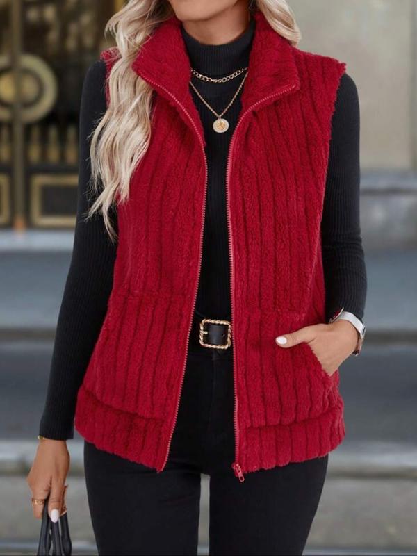 Warm ribbed fleece vest, red, full-zip front with stand collar