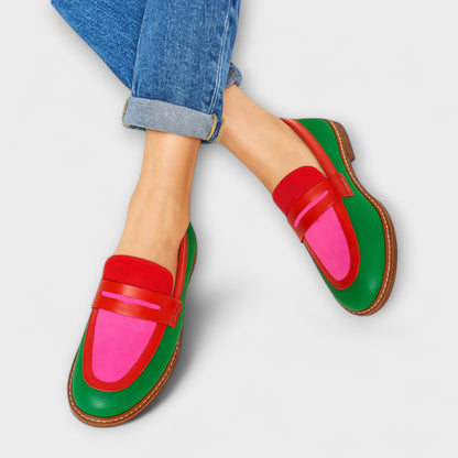 Color-block loafers: green upper, red strap, pink accent, brown sole