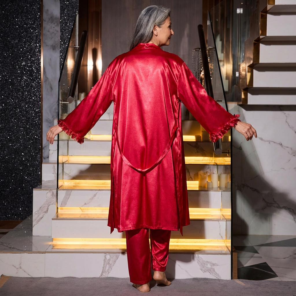 Back view: red satin sleepwear set with long robe and matching pants
