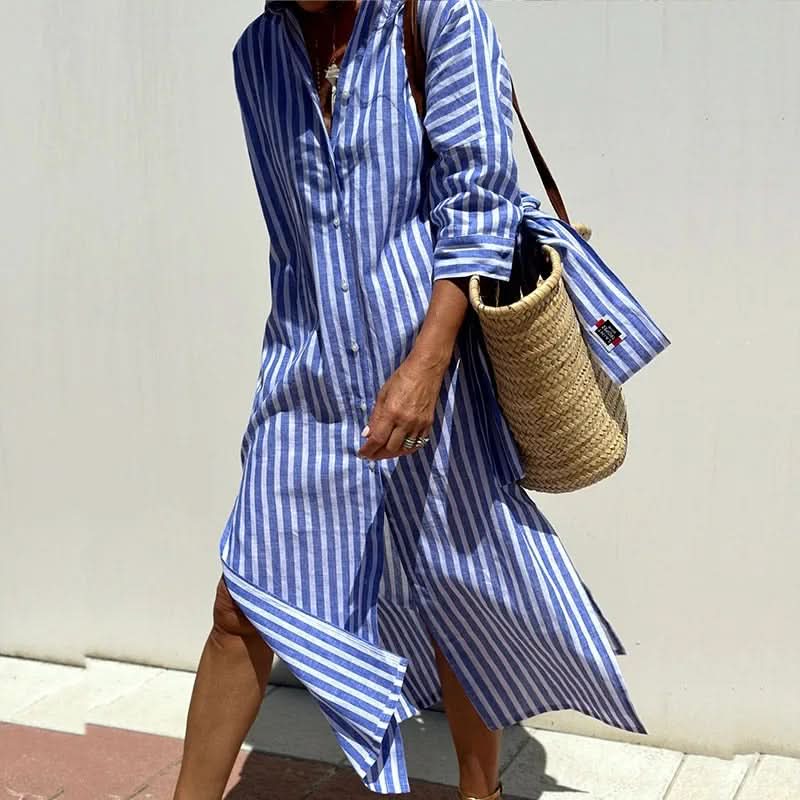 Blue striped button-front summer dress with long sleeves and side slit
