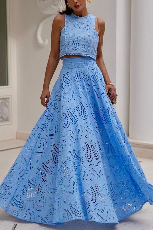 Blue embroidered sleeveless crop top and high-waist maxi skirt set, full length view