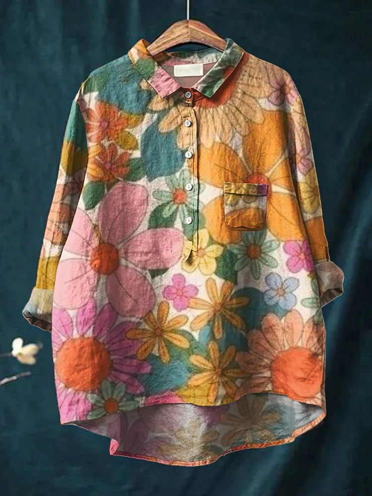 Floral long-sleeve art shirt with multicolor button-front, collared neckline