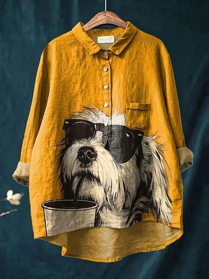 Women’s dog art shirt, mustard yellow button-front with collar, chest pocket, dog graphic