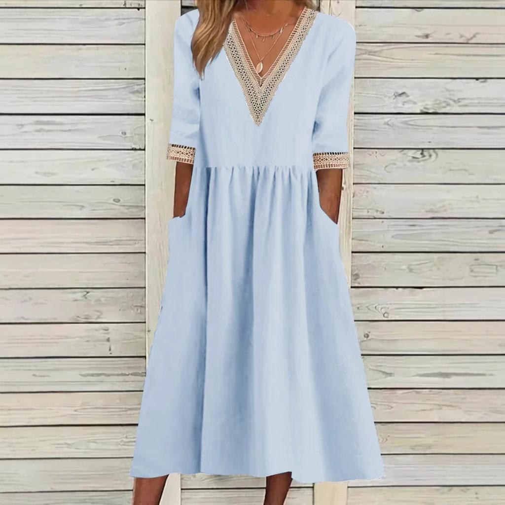 Lace-collar mid-length dress in light blue with V neckline and lace-trimmed three-quarter sleeves