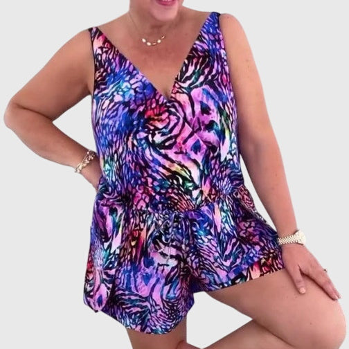 Purple multi-color animal-print swimsuit dress with V-neck, sleeveless peplum hem