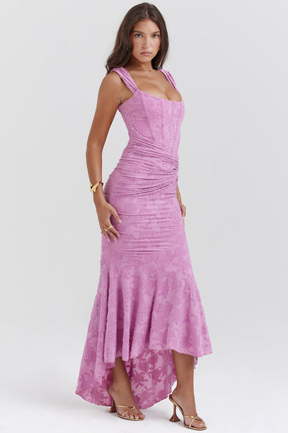 Pink evening dress with sweetheart neckline, ruched bodice, mermaid skirt with high-low hem
