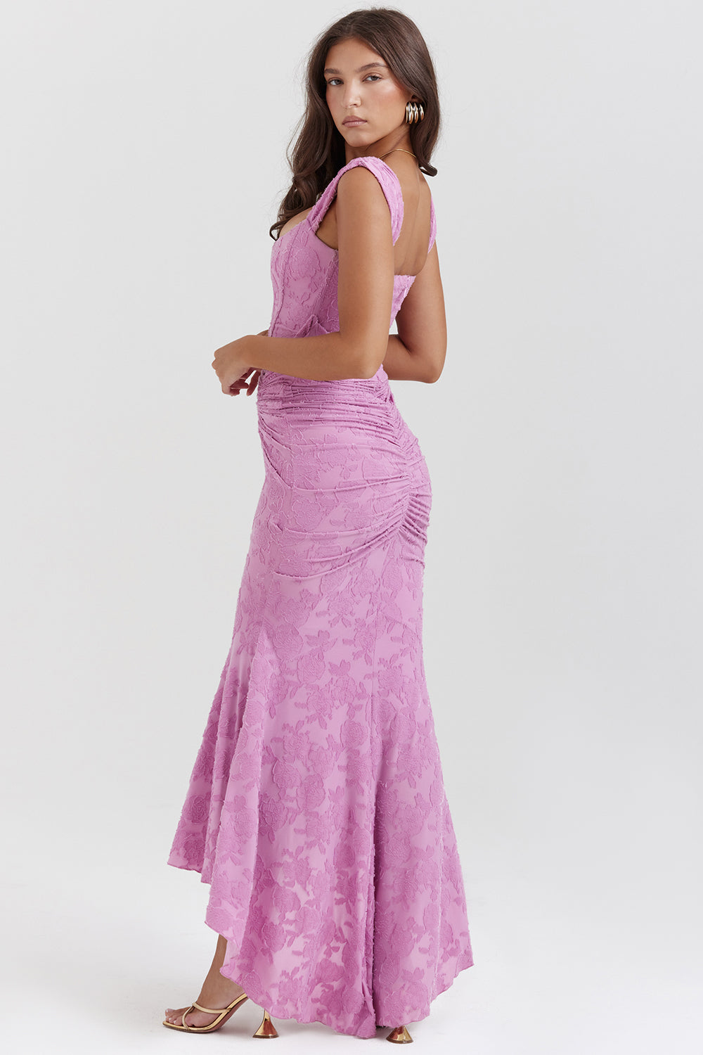 Pink evening dress, square straps, ruched waist, flared mermaid skirt