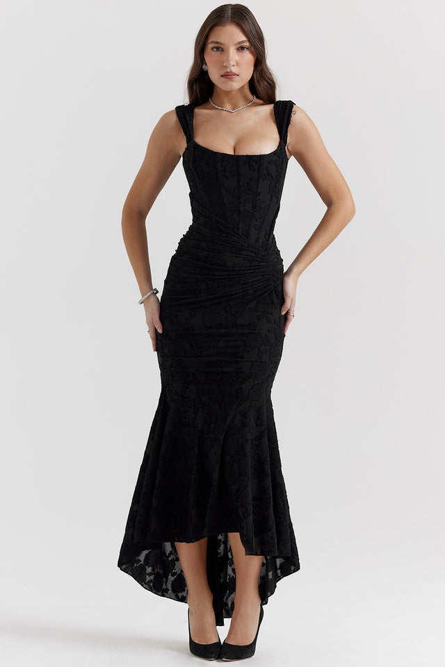 Black evening dress with square neckline, ruched corset bodice, mermaid midi skirt