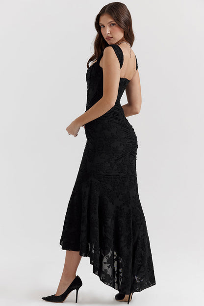 Black evening dress with ruched corset bodice, flared mermaid skirt, sleeveless