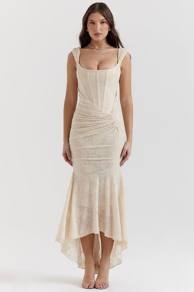 Beige evening dress with square neckline, ruched waist, fluted mermaid skirt