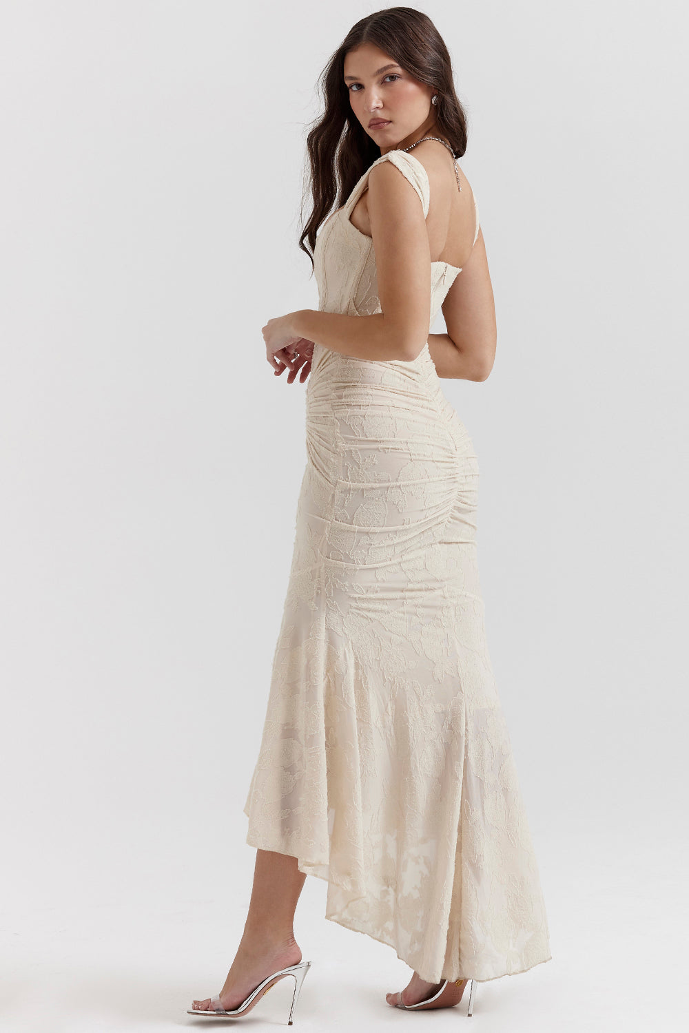 Beige evening dress with square neckline, ruched waist, flared mermaid skirt