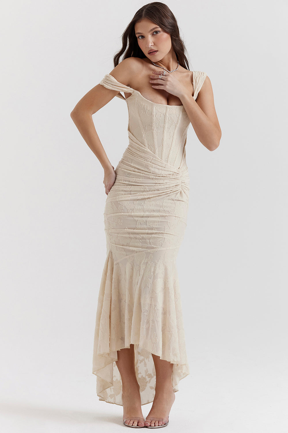 Beige evening dress with square neckline, ruched corset bodice, flared mermaid midi hem