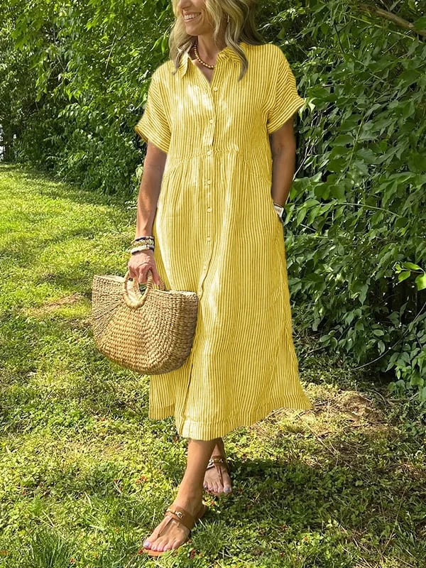 Yellow striped button-up dress with short sleeves and gathered waist.
