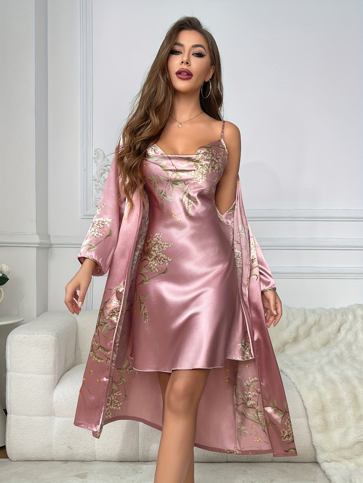 Pink satin floral camisole and robe set, robe worn open over slip