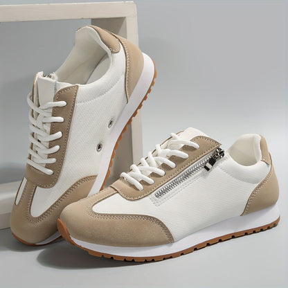 Casual low-top sneakers, white with beige toe, lace-up and side zip.