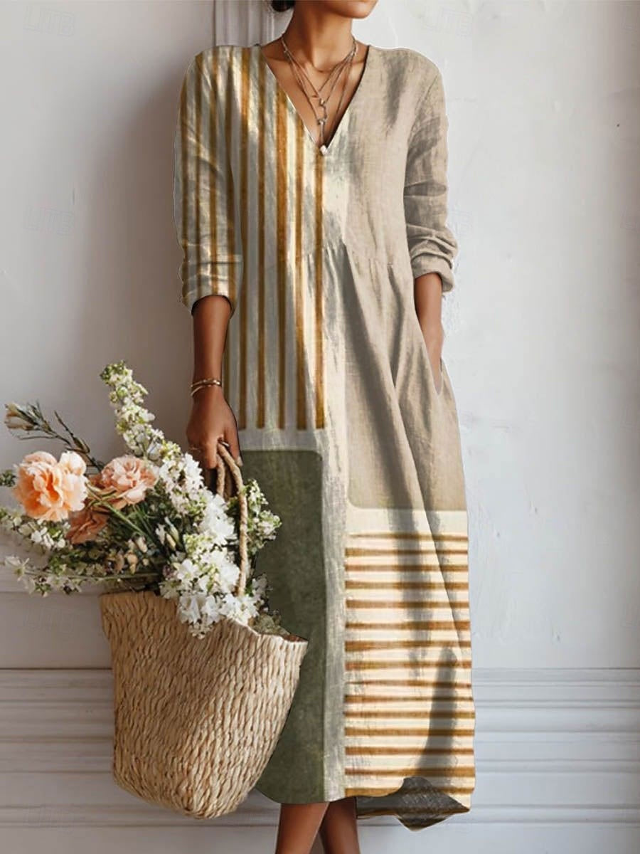 Everyday comfort dress with V-neck, long sleeves, vertical stripes and striped hem