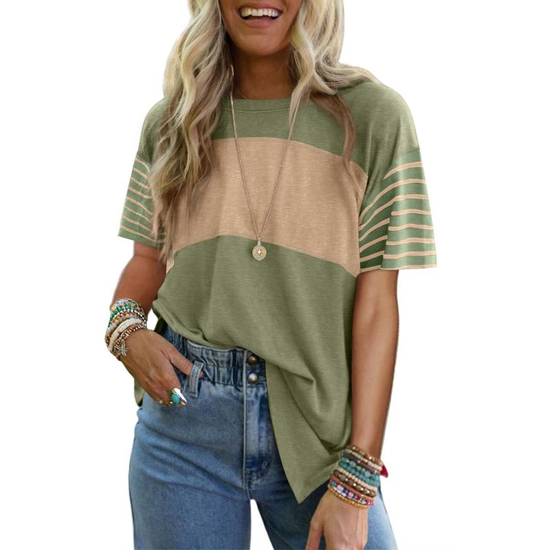 Breathable stripe crewneck top with green body and tan horizontal panel