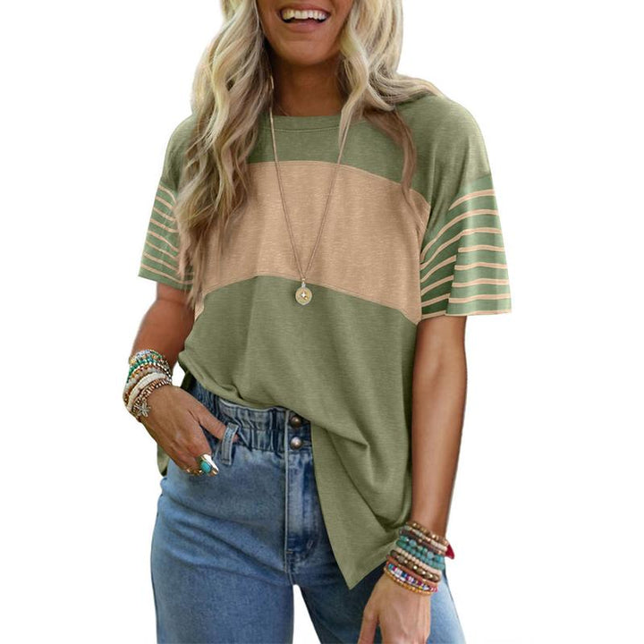 Breathable stripe crewneck top with green body and tan horizontal panel