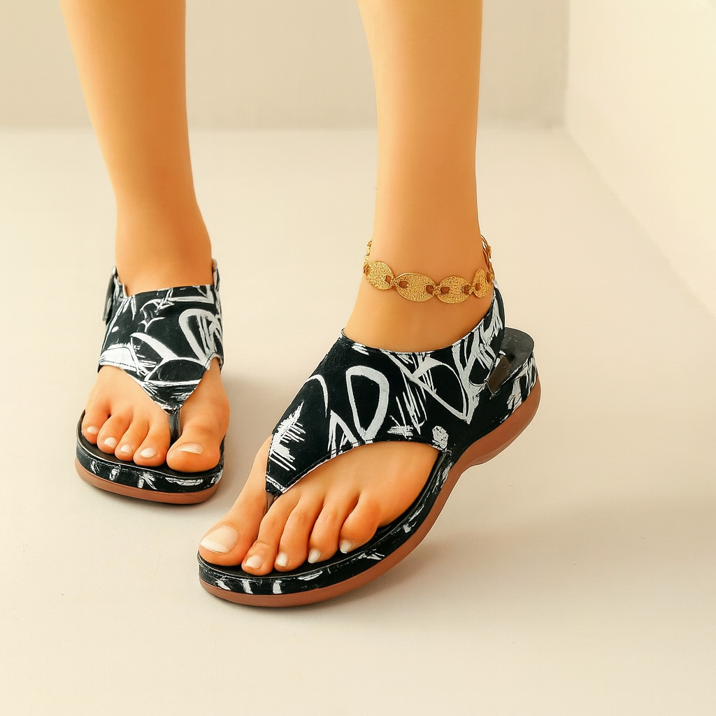 Graphic print orthopedic comfort sandals with open toe and gold chain ankle strap