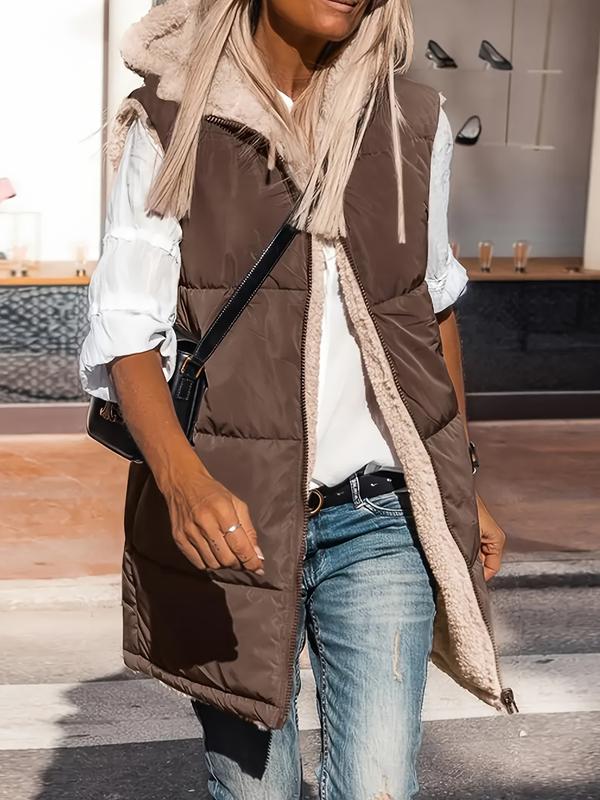 Coffee brown sleeveless hooded padded jacket with full-zip and Sherpa-lined collar