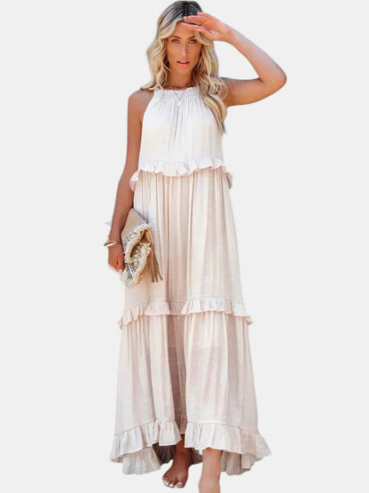 Cream sleeveless tiered long dress with ruffled high neckline and layered skirt