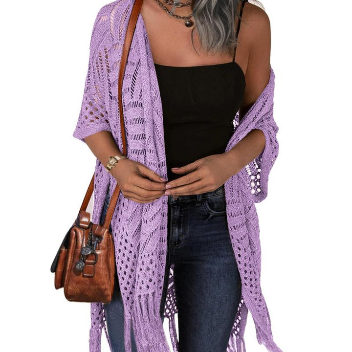 Open-front crochet knit cardigan in lavender, short sleeves with openwork pattern
