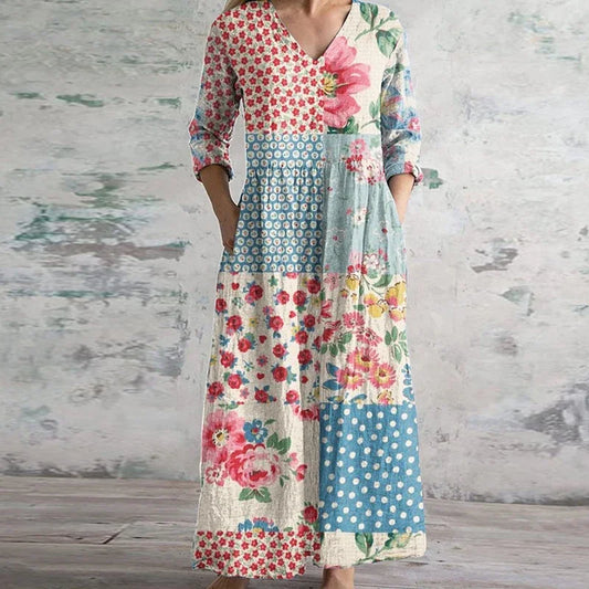 Patchwork retro maxi dress with floral panels, V-neck, three-quarter sleeves