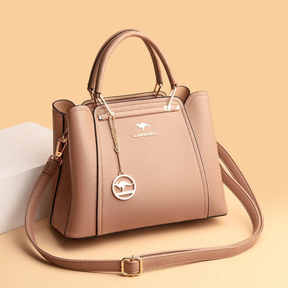 Vaeni women’s structured handbag, beige pebbled leather, top handles and crossbody strap