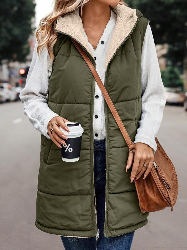 Army green sleeveless hooded padded jacket with full-zip and Sherpa-lined collar