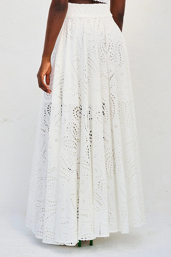 White embroidered high-waist maxi skirt with eyelet detail and scalloped hem, matching top