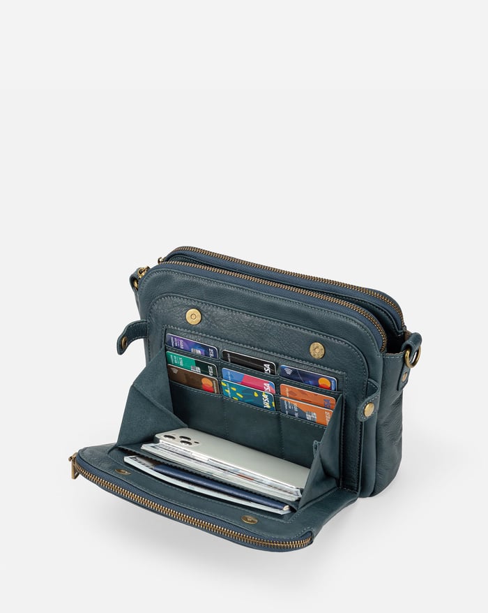Jovie sleek three-layer crossbody bag in dark teal, open front showing card slots