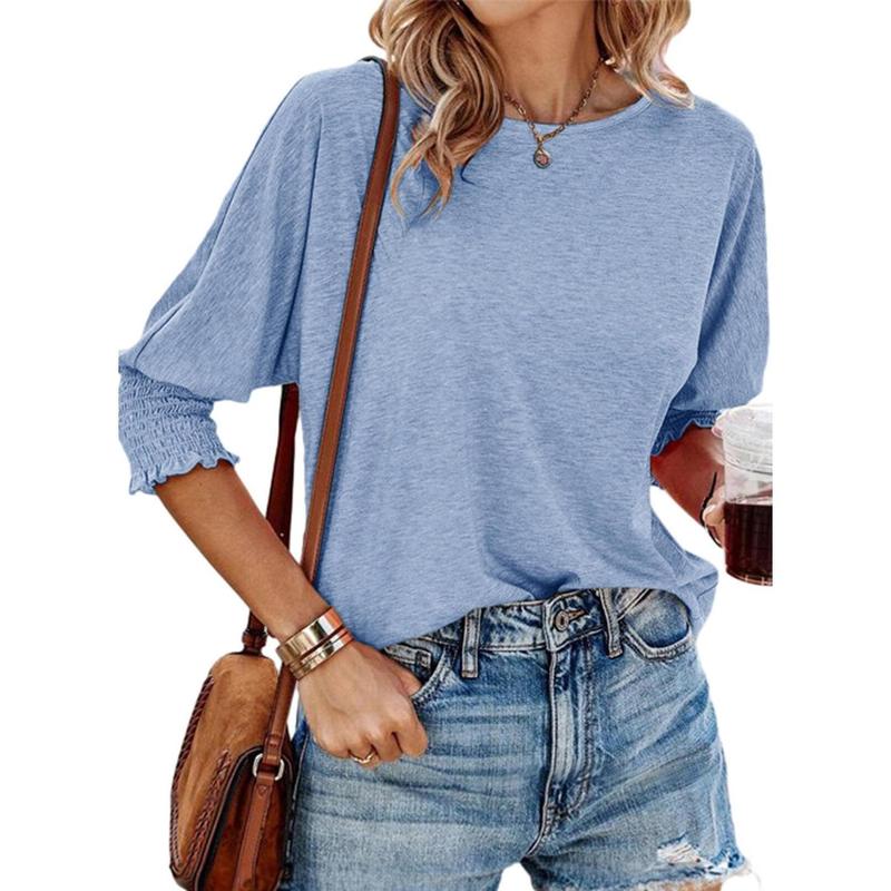 Lightweight summer workwear blouse, light blue crew neck with ruched cuff sleeves