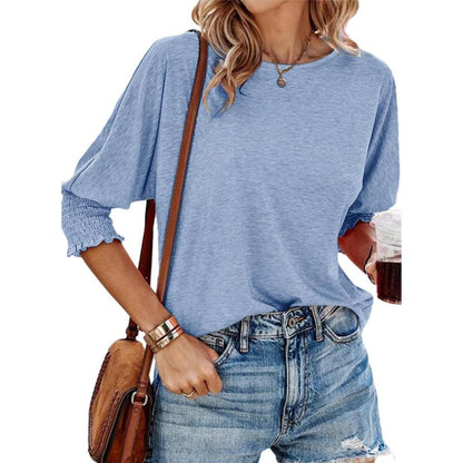 Lightweight summer workwear blouse, light blue crew neck with ruched cuff sleeves