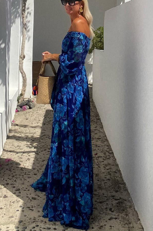 Blue floral off-shoulder long dress with elastic neckline and tiered skirt