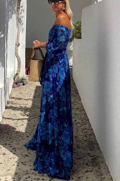 Blue floral off-shoulder long dress with elastic neckline and tiered skirt