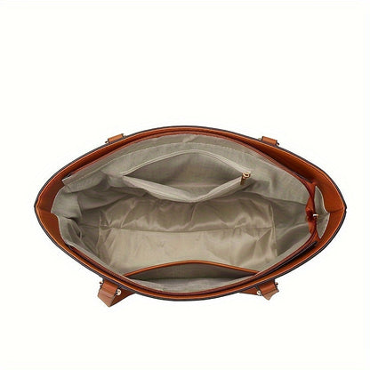 Brown open tote bag with fabric lining and top handles