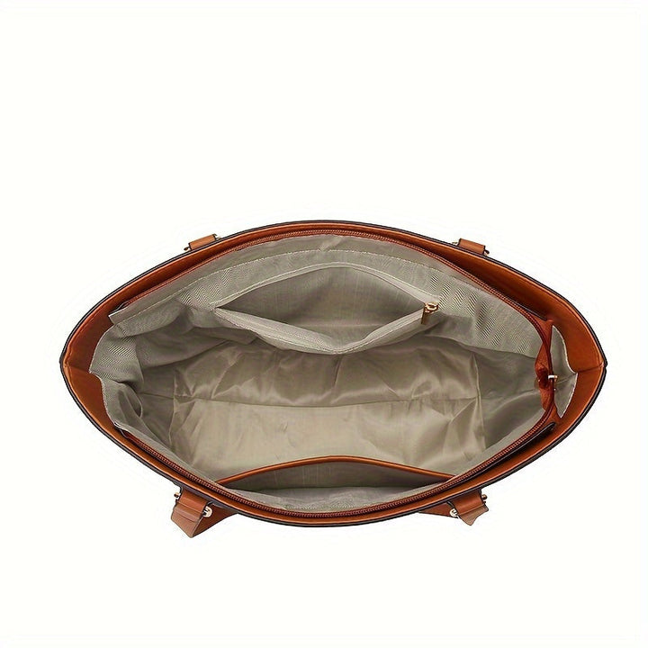 Brown open tote bag with fabric lining and top handles