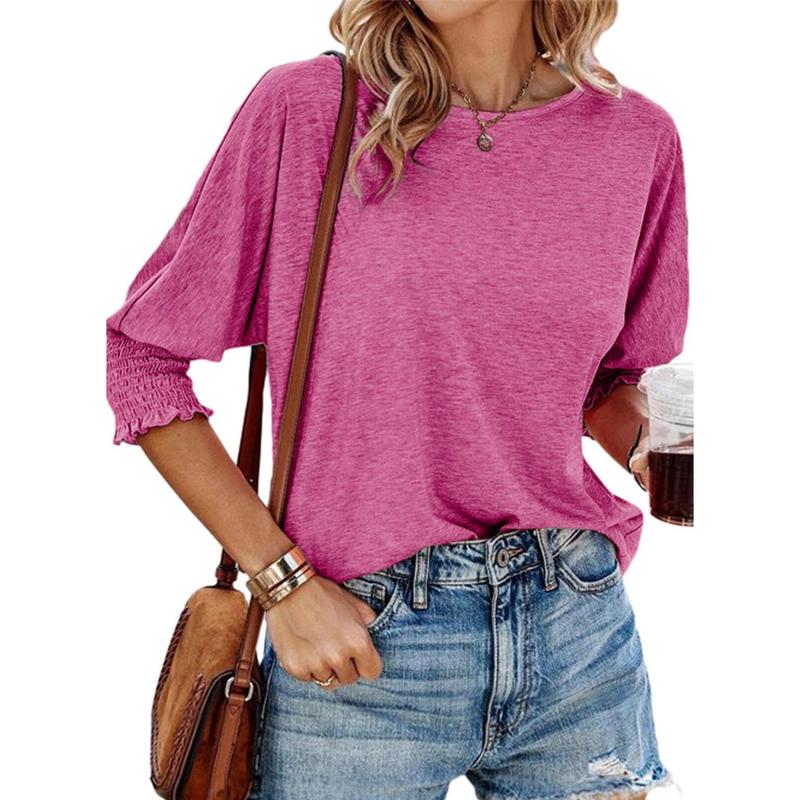 Lightweight summer workwear blouse, magenta crew neck with ruched cuff sleeves