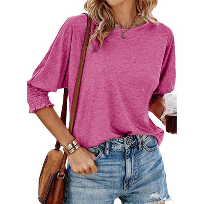 Lightweight summer workwear blouse, magenta crew neck with ruched cuff sleeves