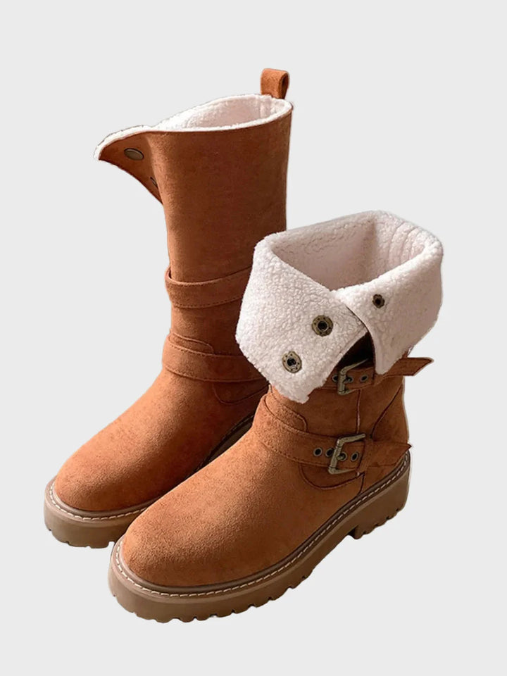 Brown winter fur high boots with light sherpa cuff and two buckle straps
