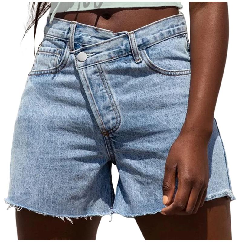 Medium-wash high-waisted denim shorts with button closure and frayed cuff hem